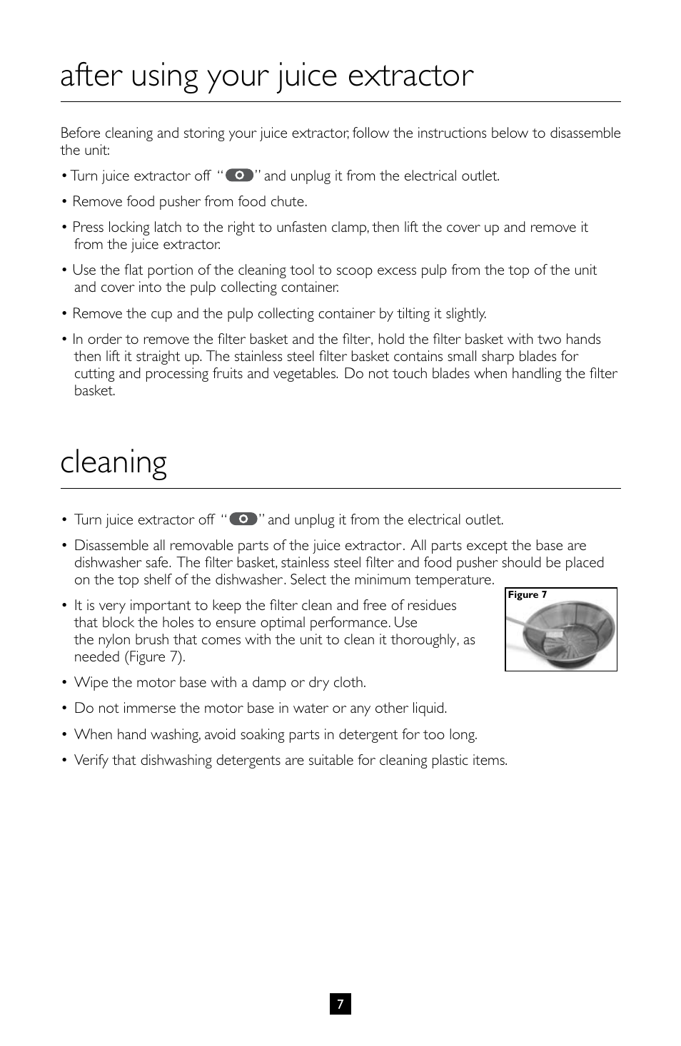 After using your juice extractor, Cleaning | Villaware INSTRUCTION MANUAL FPVLJESLO1 User Manual | Page 8 / 82