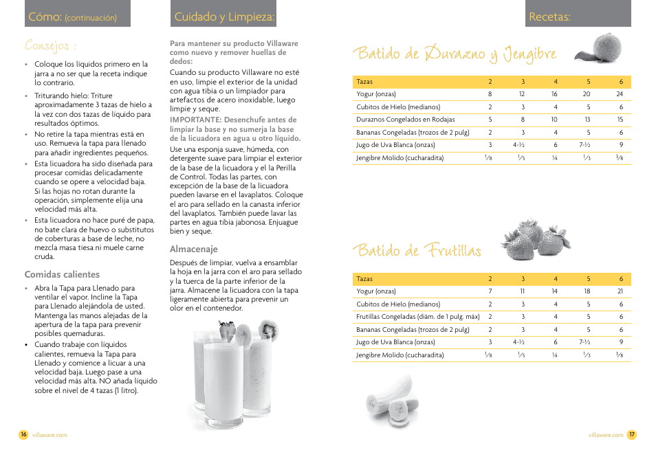Batido de durazno y jengibre, Consejos, Cuidado y limpieza: cómo | Recetas | Villaware NDVLCB0100 User Manual | Page 10 / 12