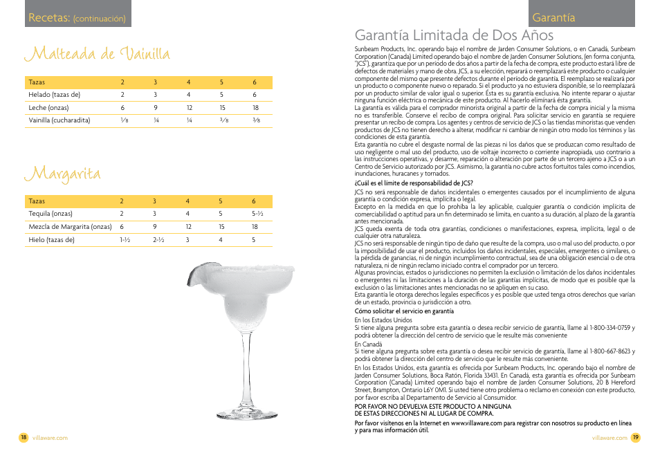 Malteada de vainilla, Malteada de vainilla margarita margarita, Garantía limitada de dos años | Recetas, Garantía | Villaware NDVLCB0100 User Manual | Page 11 / 12