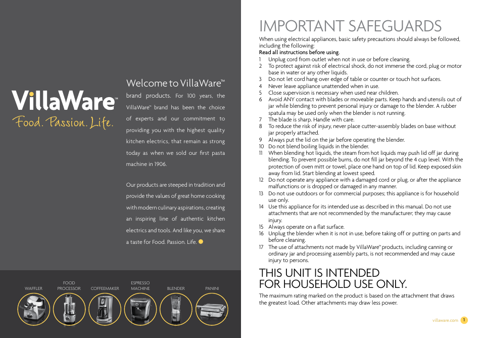 Important safeguards, This unit is intended for household use only, Welcome to villaware | Villaware NDVLCB0100 User Manual | Page 2 / 12