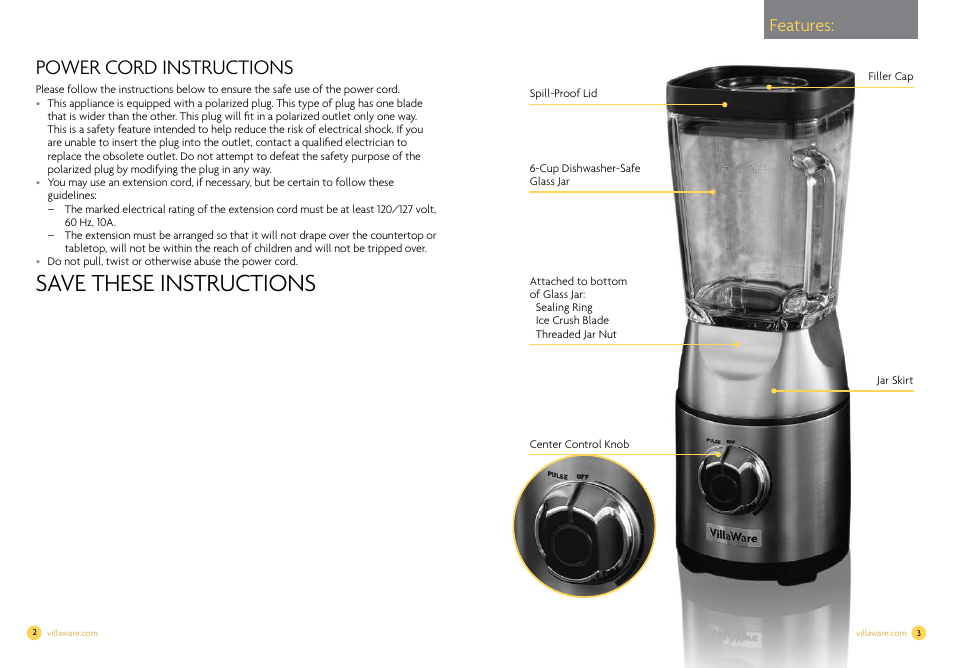 Save these instructions, Power cord instructions, Features | Villaware NDVLCB0100 User Manual | Page 3 / 12