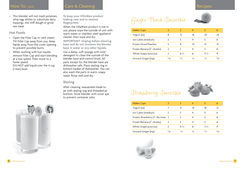 Ginger peach smoothie, Care & cleaning: how to, Recipes | Villaware NDVLCB0100 User Manual | Page 5 / 12