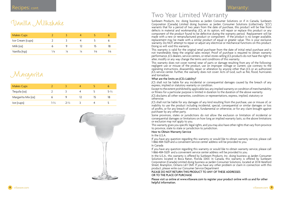 Vanilla milkshake, Vanilla milkshake margarita margarita, Two year limited warranty | Recipes, Warranty | Villaware NDVLCB0100 User Manual | Page 6 / 12