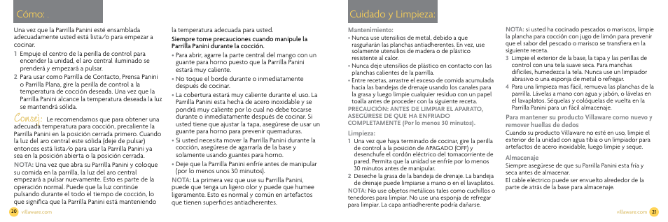 Consej, Cuidado y limpieza, Cómo | Villaware NDVLPAPFS1 User Manual | Page 12 / 14