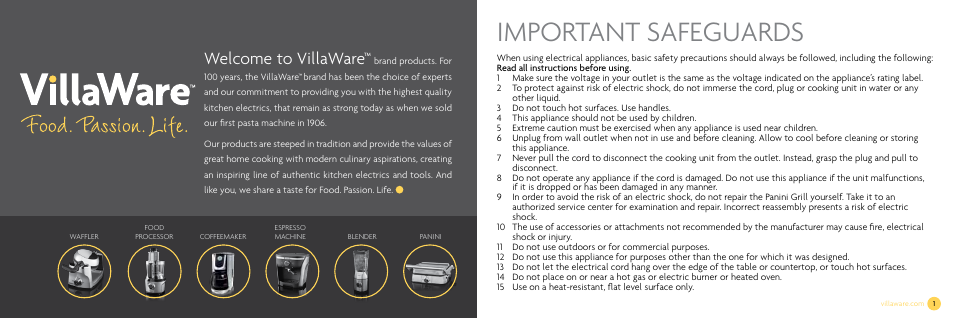 Important safeguards, Welcome to villaware | Villaware NDVLPAPFS1 User Manual | Page 2 / 14