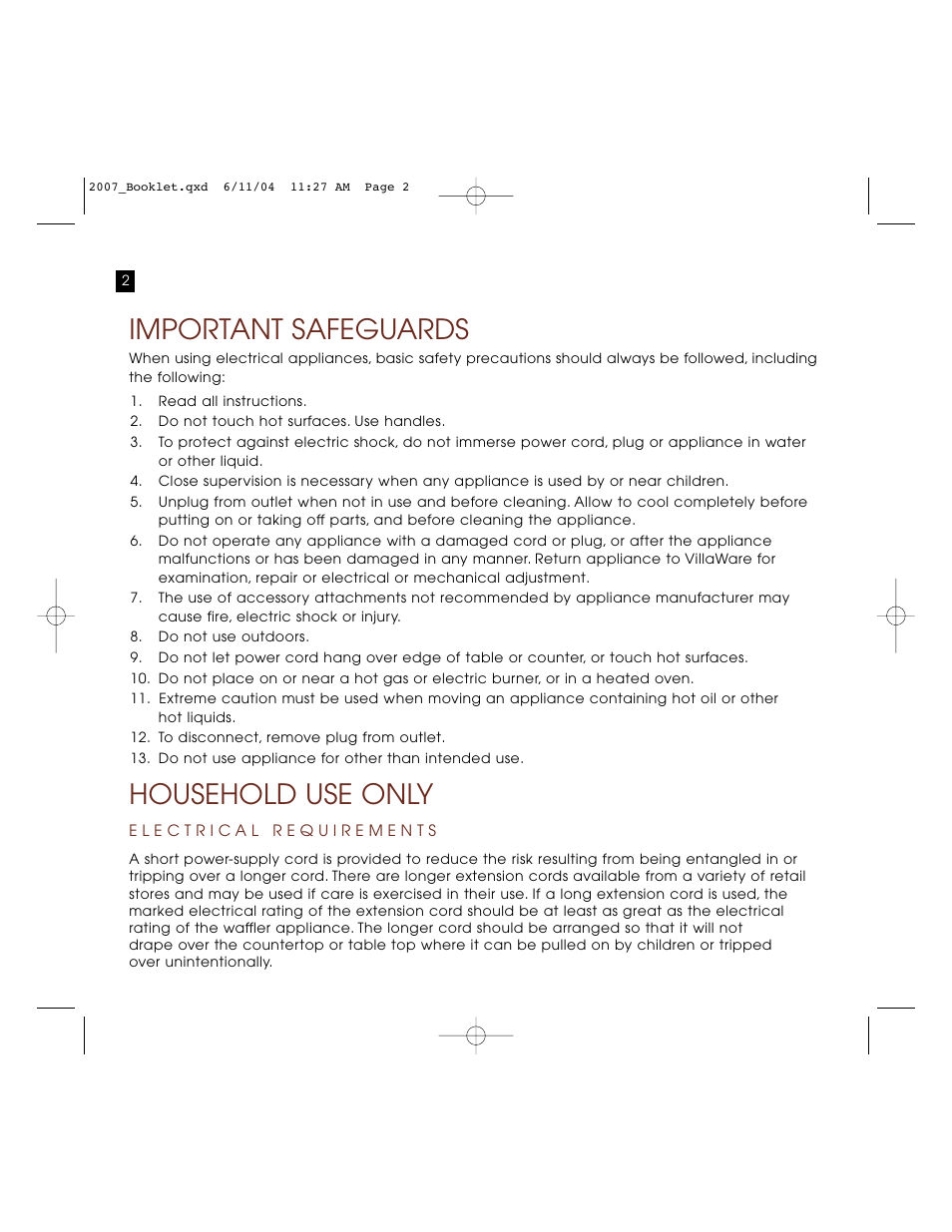 Important safeguards, Household use only | Villaware BELGIAN WAFFLE BOAT MAKER User Manual | Page 2 / 9