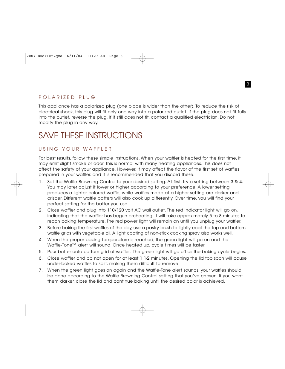 Save these instructions | Villaware BELGIAN WAFFLE BOAT MAKER User Manual | Page 3 / 9