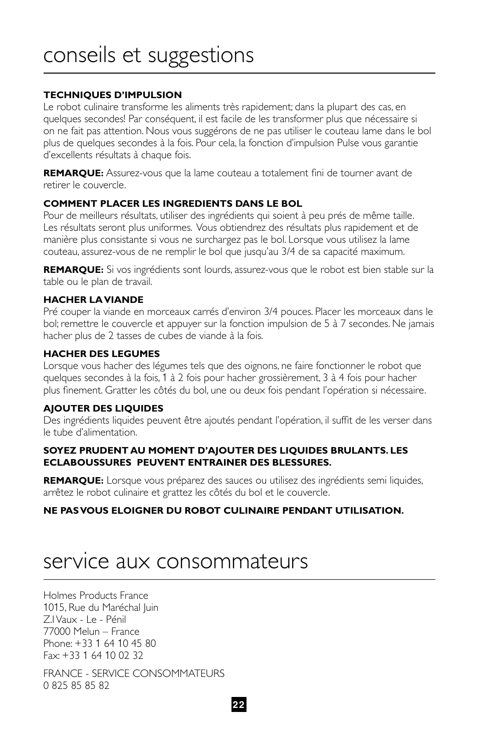 Conseils et suggestions, Service aux consommateurs | Villaware FPVLFPSL01 User Manual | Page 23 / 80