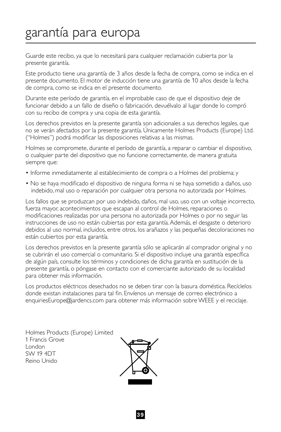 Garantía para europa | Villaware FPVLFPSL01 User Manual | Page 40 / 80