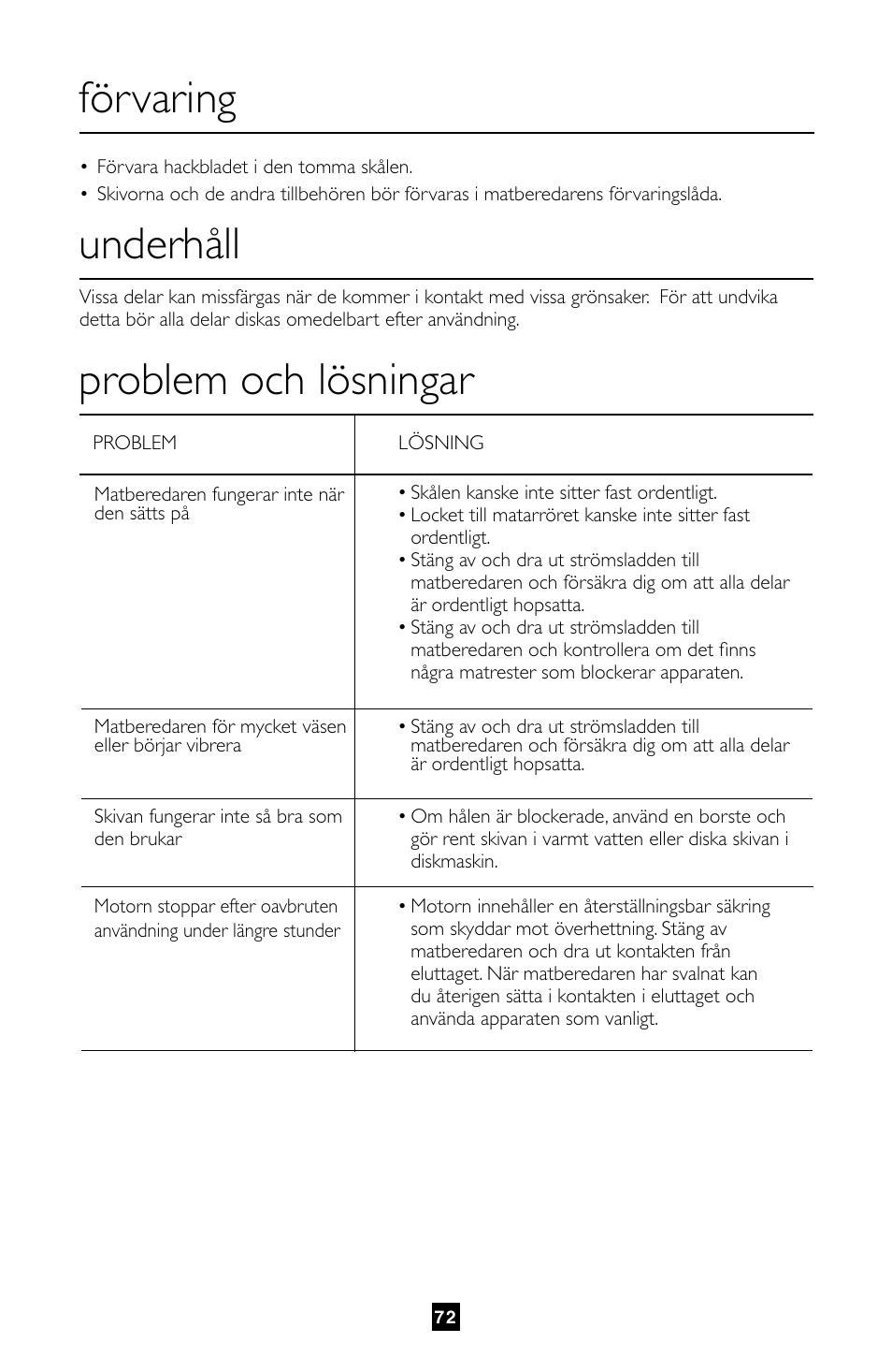 Underhåll, Problem och lösningar, Förvaring | Villaware FPVLFPSL01 User Manual | Page 73 / 80