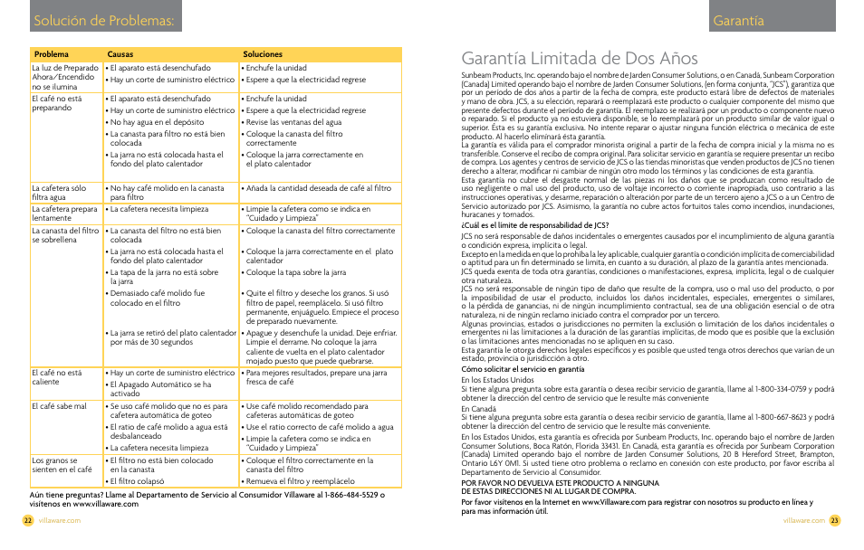 Garantía limitada de dos años, Solución de problemas: garantía | Villaware NDVLCD0000 User Manual | Page 13 / 14