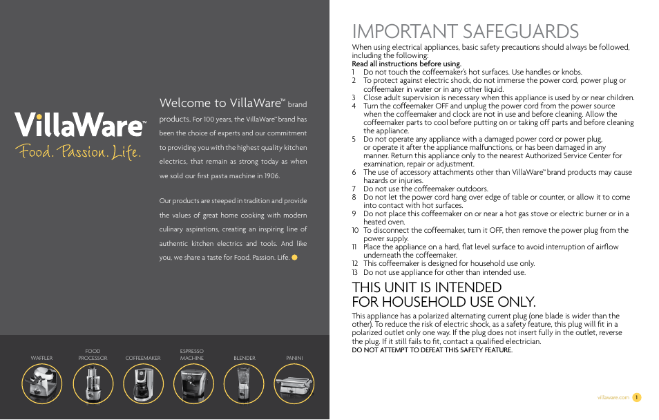 Important safeguards, This unit is intended for household use only, Welcome to villaware | Villaware NDVLCD0000 User Manual | Page 2 / 14