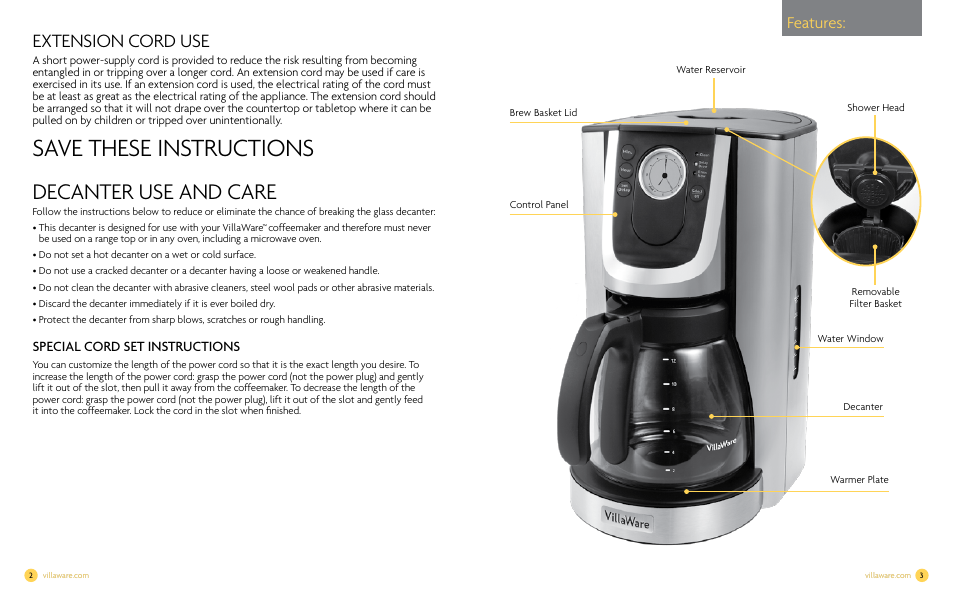 Save these instructions, Decanter use and care, Extension cord use | Features, Special cord set instructions | Villaware NDVLCD0000 User Manual | Page 3 / 14