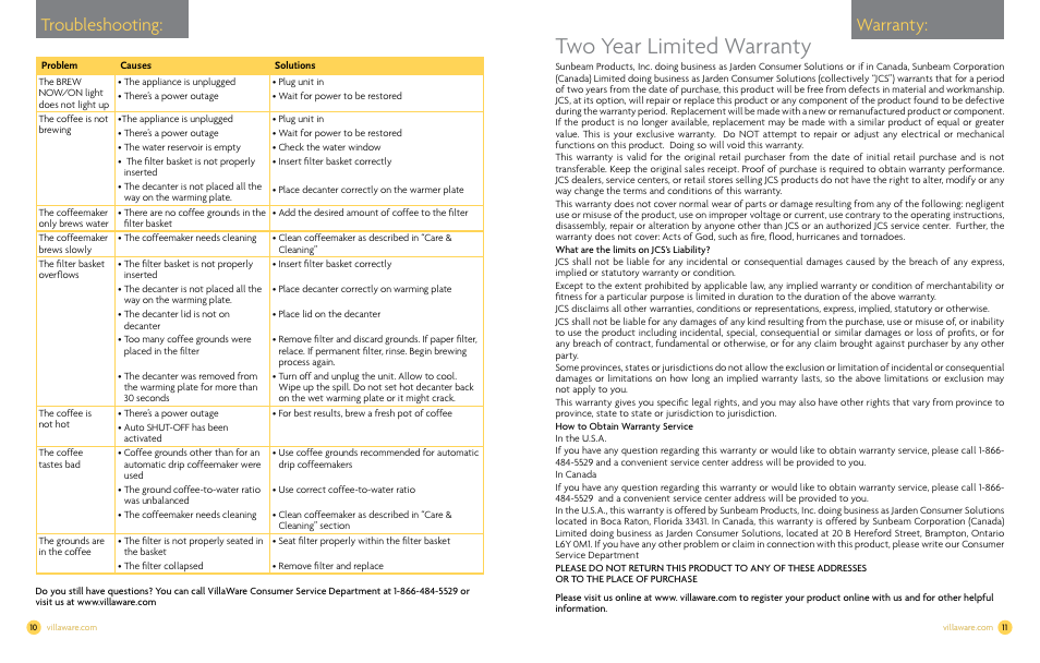 Two year limited warranty, Troubleshooting, Warranty | Villaware NDVLCD0000 User Manual | Page 7 / 14
