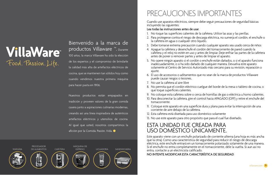 Precauciones importantes, Bienvenido a la marca de productos villaware | Villaware NDVLCD0000 User Manual | Page 8 / 14