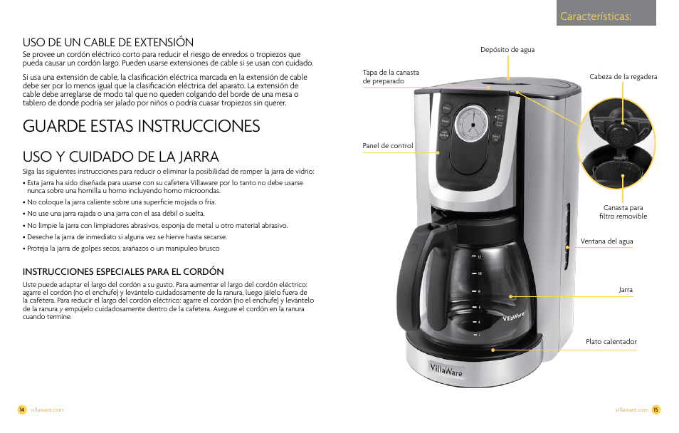 Guarde estas instrucciones, Uso y cuidado de la jarra, Uso de un cable de extensión | Características, Instrucciones especiales para el cordón | Villaware NDVLCD0000 User Manual | Page 9 / 14