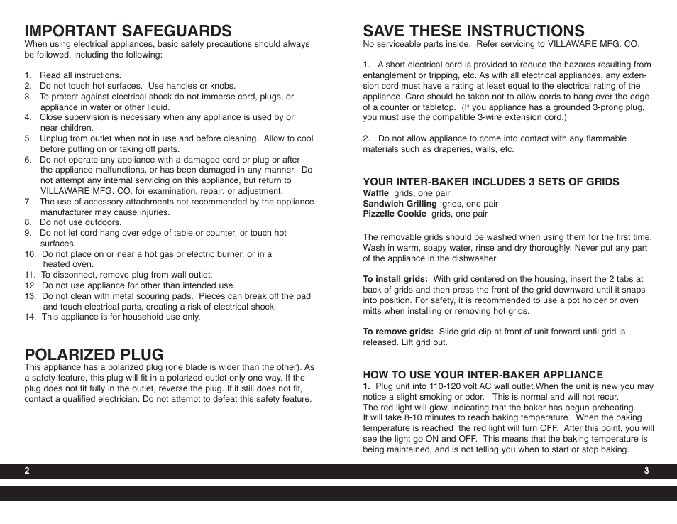 Save these instructions, Important safeguards, Polarized plug | Villaware 5230 User Manual | Page 2 / 11