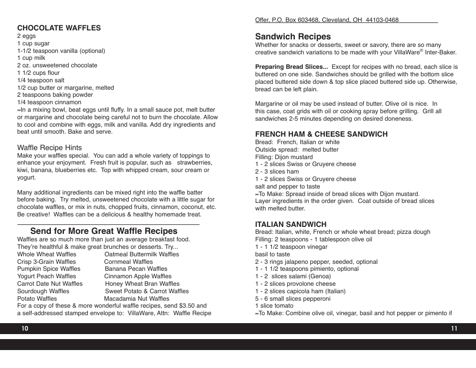 Sandwich recipes, Send for more great waffle recipes | Villaware 5230 User Manual | Page 6 / 11