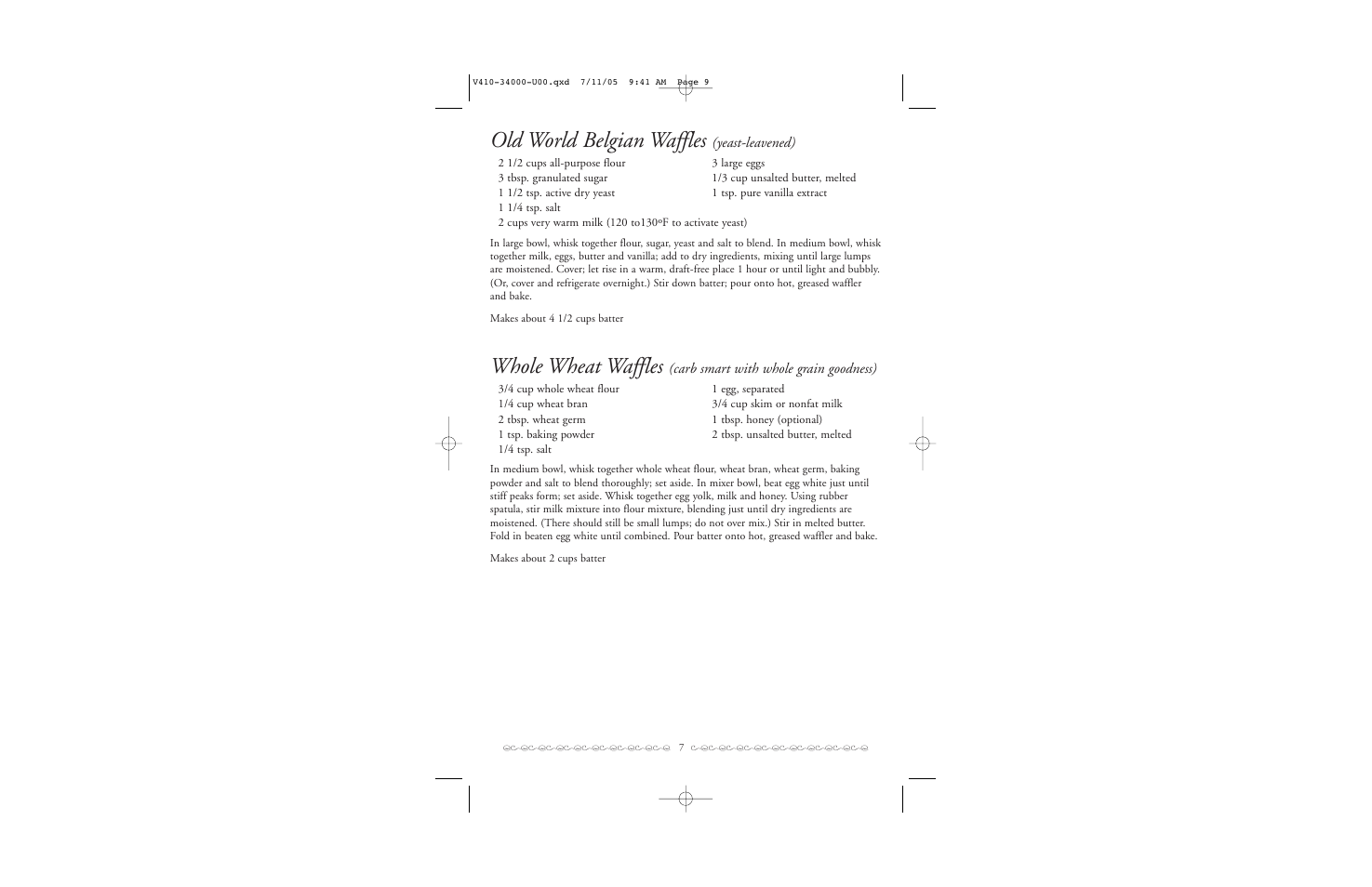Old world belgian waffles, Whole wheat waffles, Yeast-leavened) | Carb smart with whole grain goodness) | Villaware BELGIAN WAFFLER User Manual | Page 8 / 11