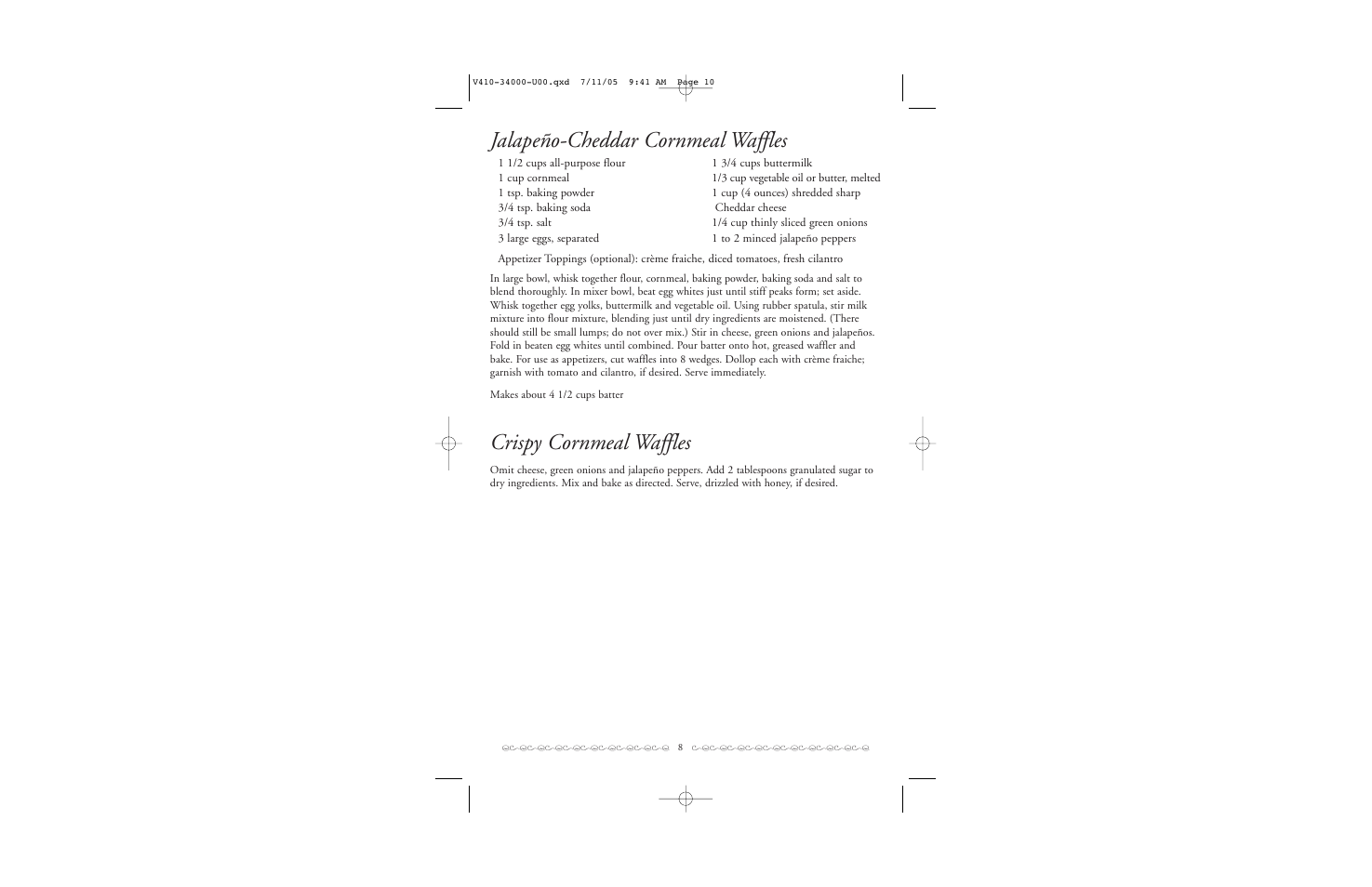 Jalapeño-cheddar cornmeal waffles, Crispy cornmeal waffles | Villaware BELGIAN WAFFLER User Manual | Page 9 / 11