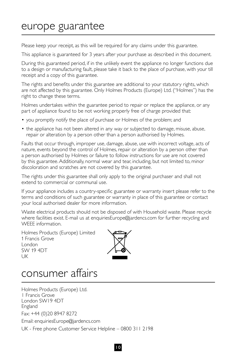 Europe guarantee, Consumer affairs | Villaware BVVLKTSL01 User Manual | Page 11 / 57
