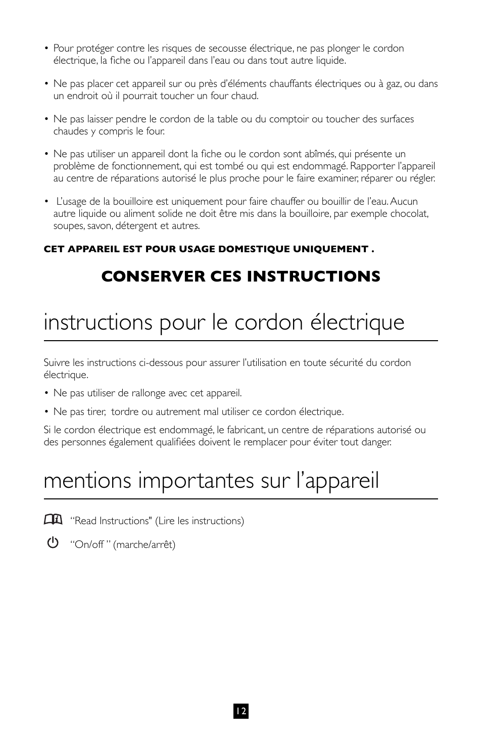 Instructions pour le cordon électrique, Mentions importantes sur l’appareil, Conserver ces instructions | Villaware BVVLKTSL01 User Manual | Page 13 / 57