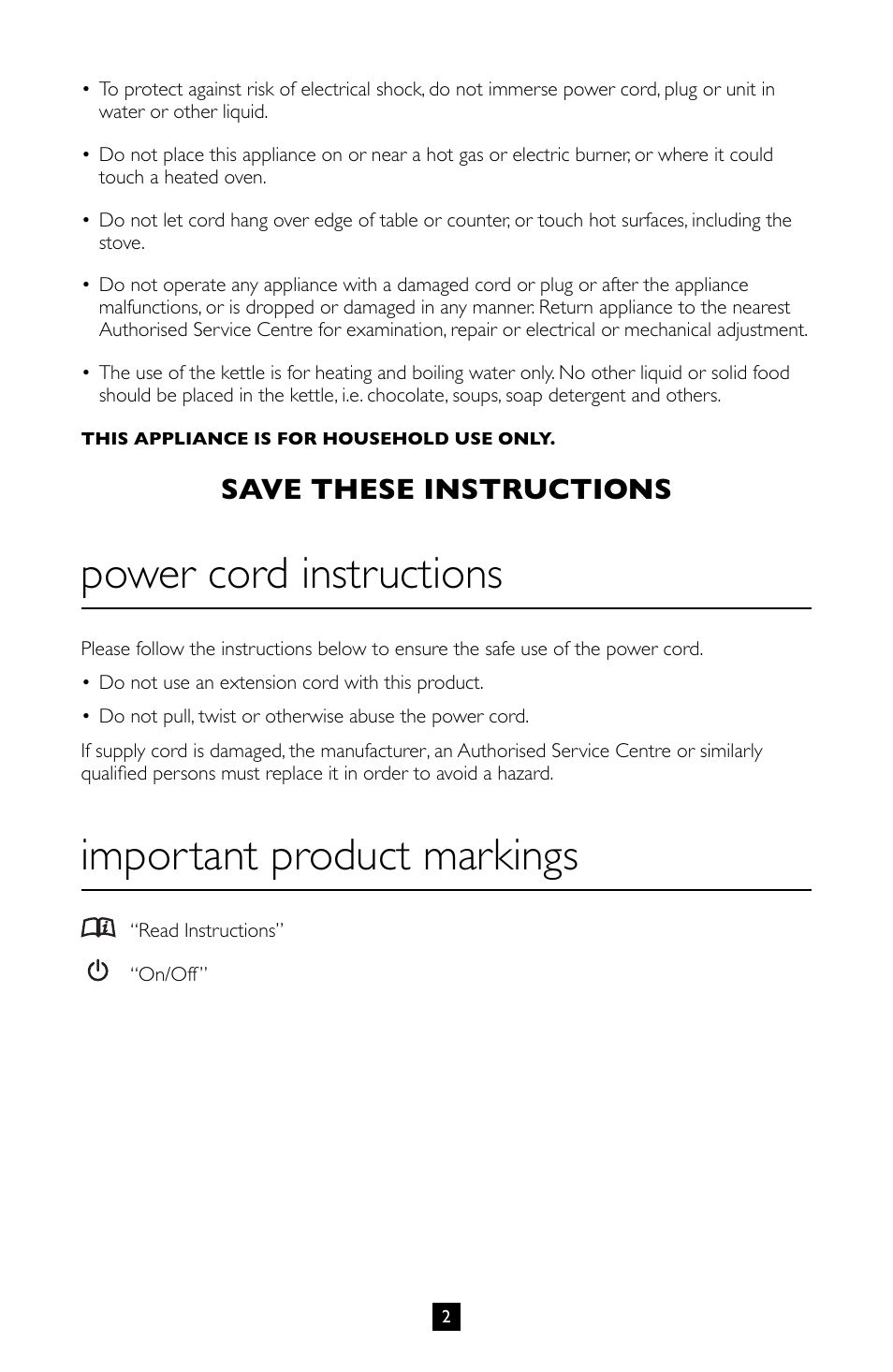 Power cord instructions, Important product markings, Save these instructions | Villaware BVVLKTSL01 User Manual | Page 3 / 57
