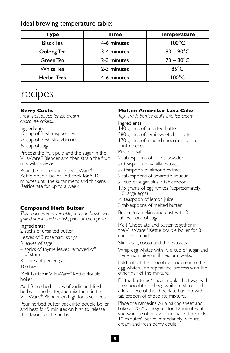 Recipes, Ideal brewing temperature table | Villaware BVVLKTSL01 User Manual | Page 9 / 57