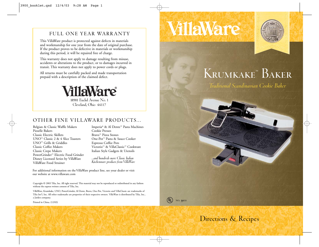 Villaware 3900 User Manual | 3 pages