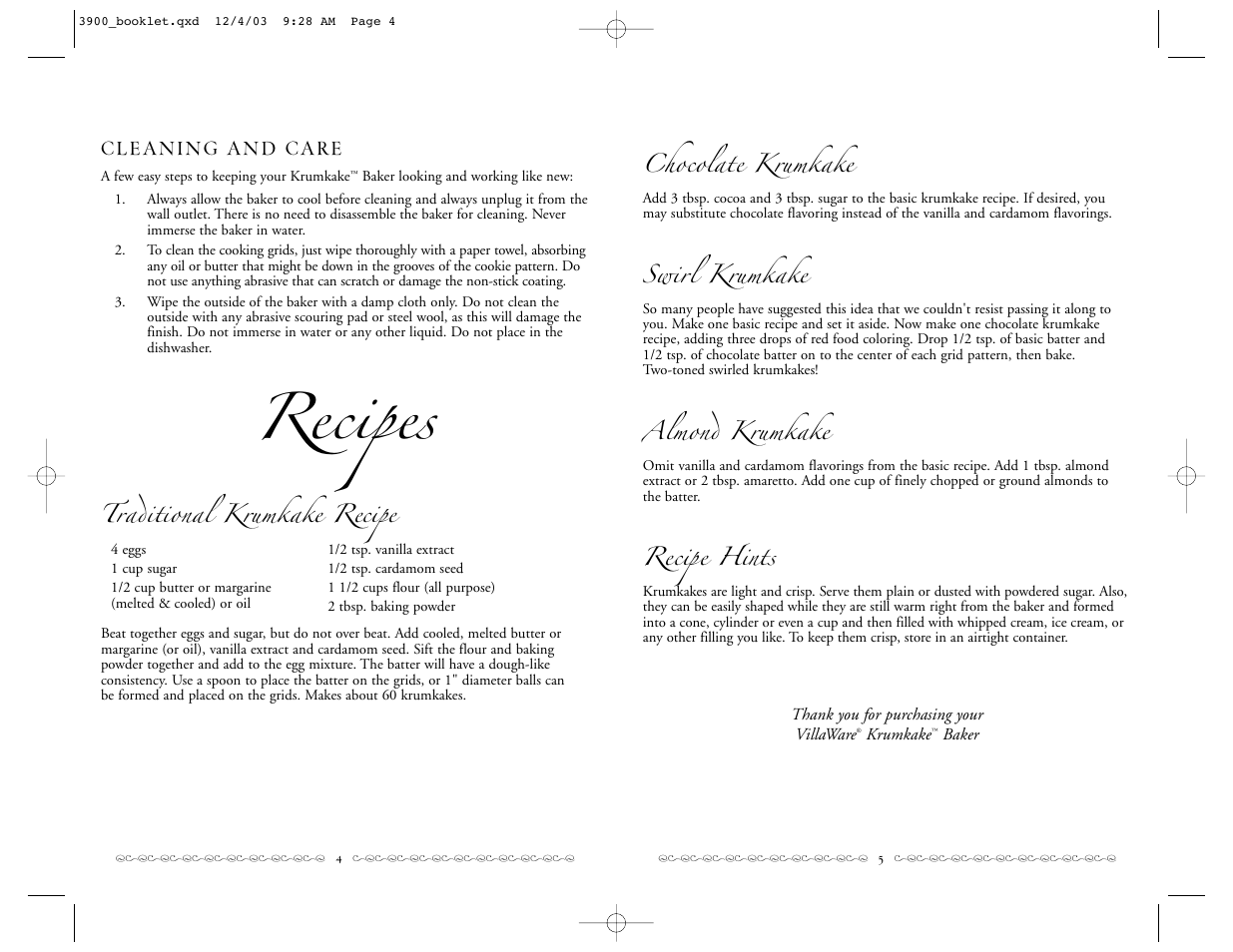 Recipes, Chocolate krumkake, Swirl krumkake | Almond krumkake, Recipe hints, Krumkake, Baker, Traditional krumkake recipe | Villaware 3900 User Manual | Page 3 / 3