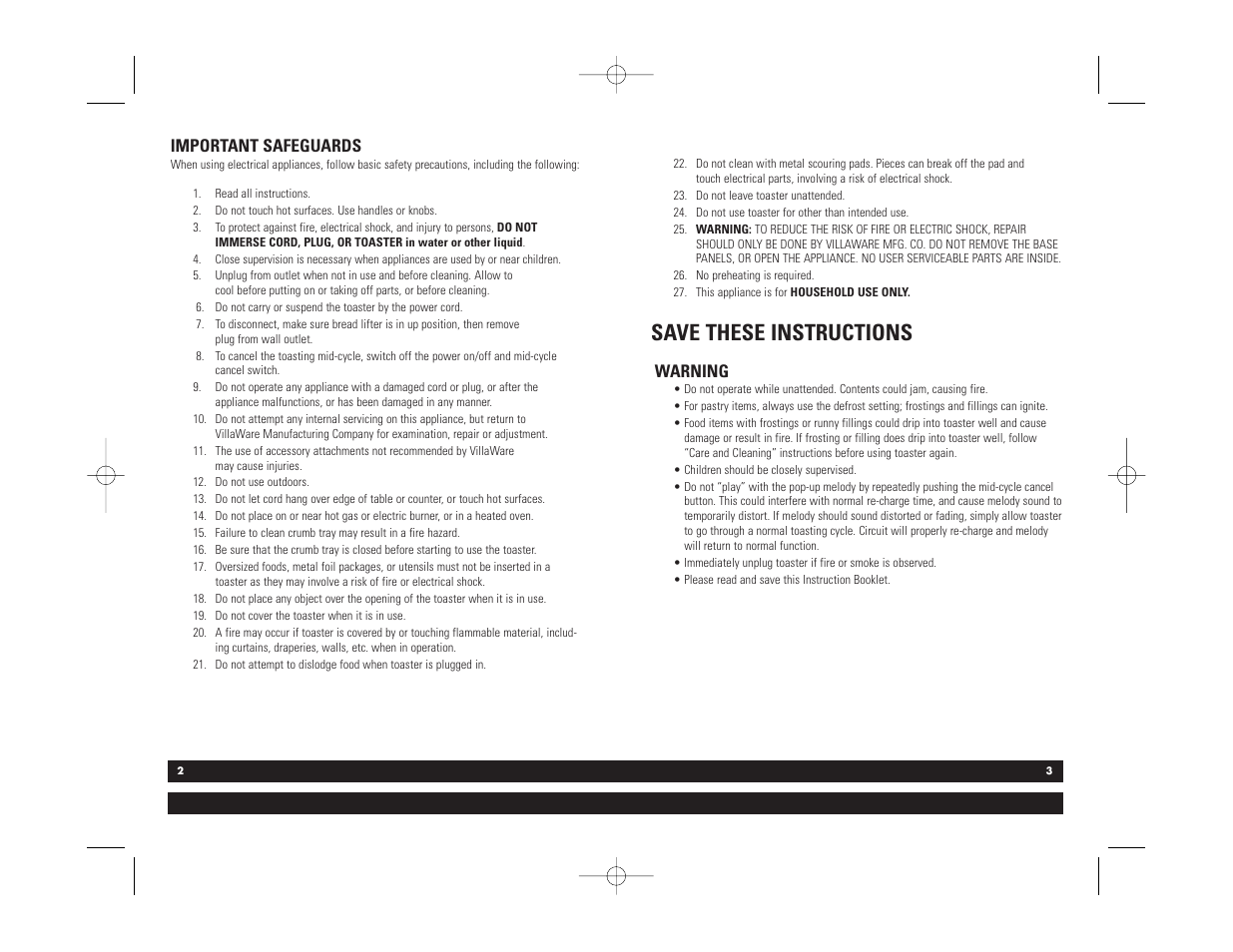 Save these instructions, Important safeguards, Warning | Villaware 5555-14 User Manual | Page 2 / 4