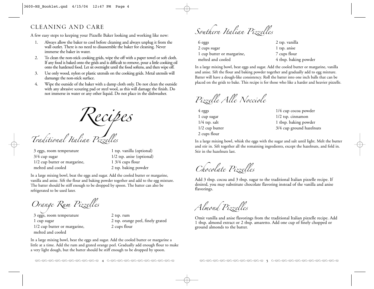 Recipes, Southern italian pizzelles, Pizzelle alle nocciole | Chocolate pizzelles, Almond pizzelles, Traditional italian pizzelles, Orange rum pizzelles | Villaware 3600-NS User Manual | Page 3 / 4