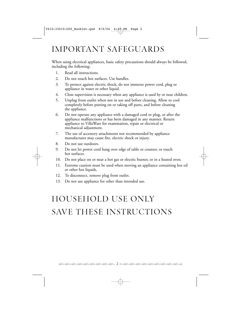 Villaware ROSE BOUQUET WAFFLER User Manual | Page 2 / 8