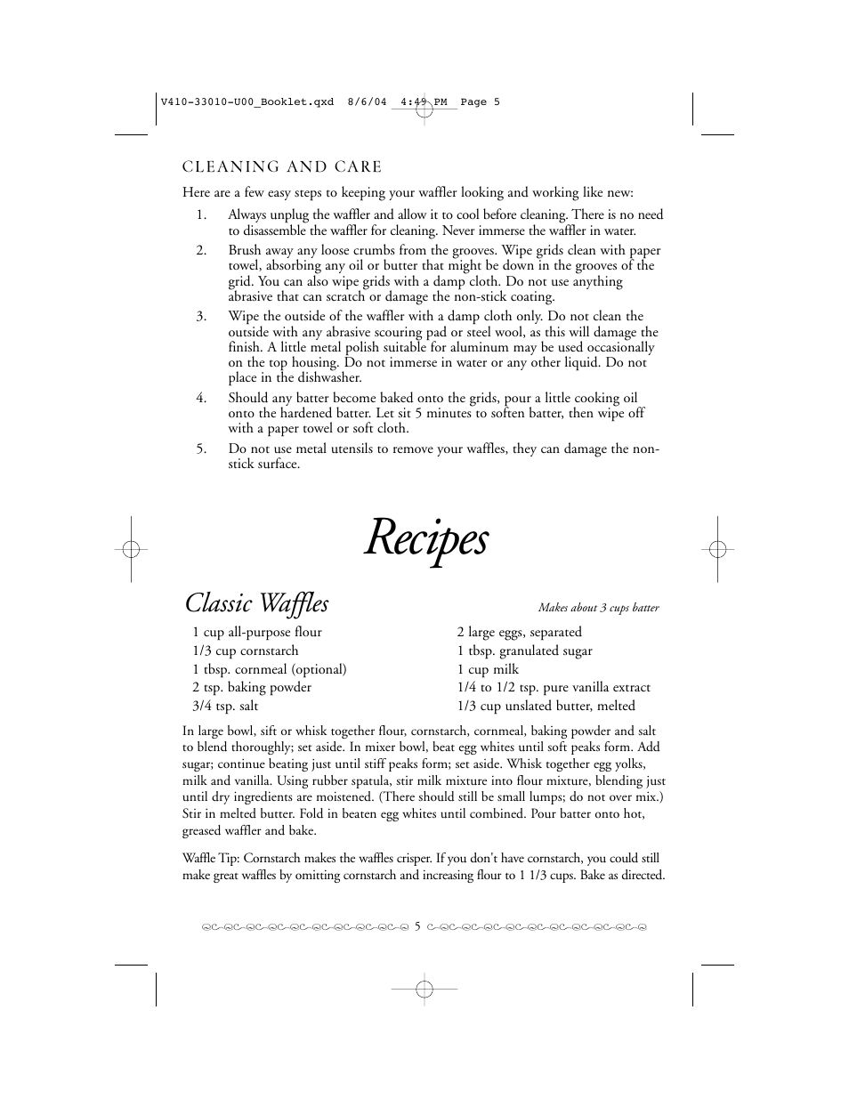 Recipes, Classic waffles | Villaware ROSE BOUQUET WAFFLER User Manual | Page 5 / 8