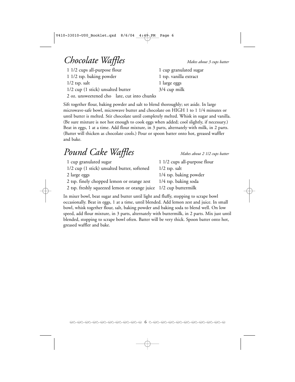 Chocolate waffles, Pound cake waffles | Villaware ROSE BOUQUET WAFFLER User Manual | Page 6 / 8