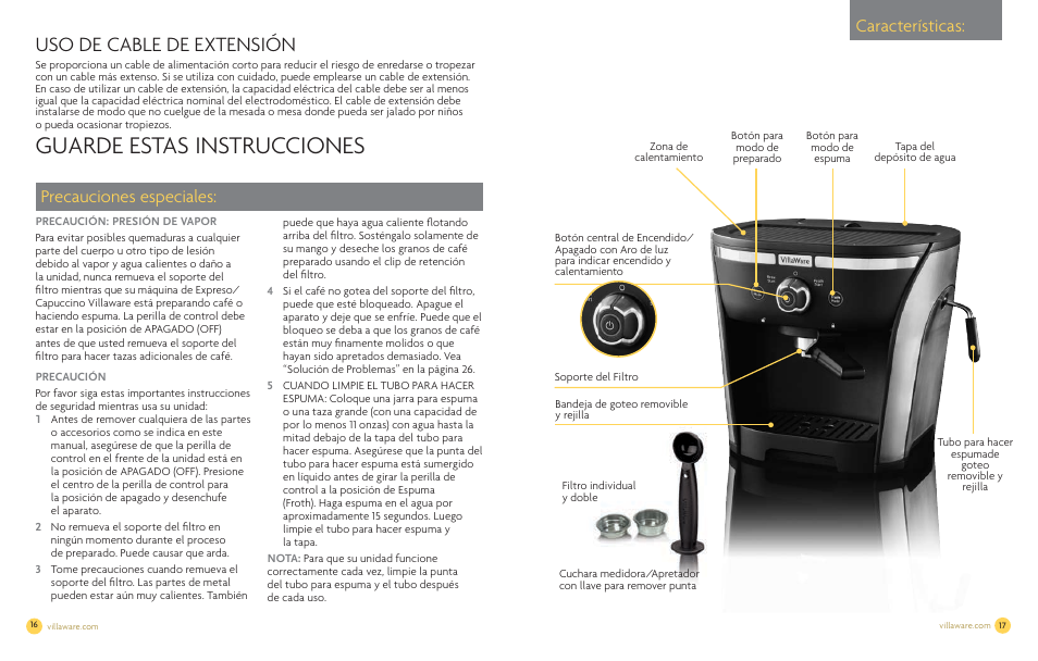 Guarde estas instrucciones, Uso de cable de extensión, Características | Precauciones especiales | Villaware NDVLEM1000 User Manual | Page 10 / 16