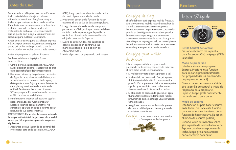 Inicio rápido, Consejos de café, Consejos para molido de granos | Consejo, Antes de usar: prepare: funciones | Villaware NDVLEM1000 User Manual | Page 11 / 16