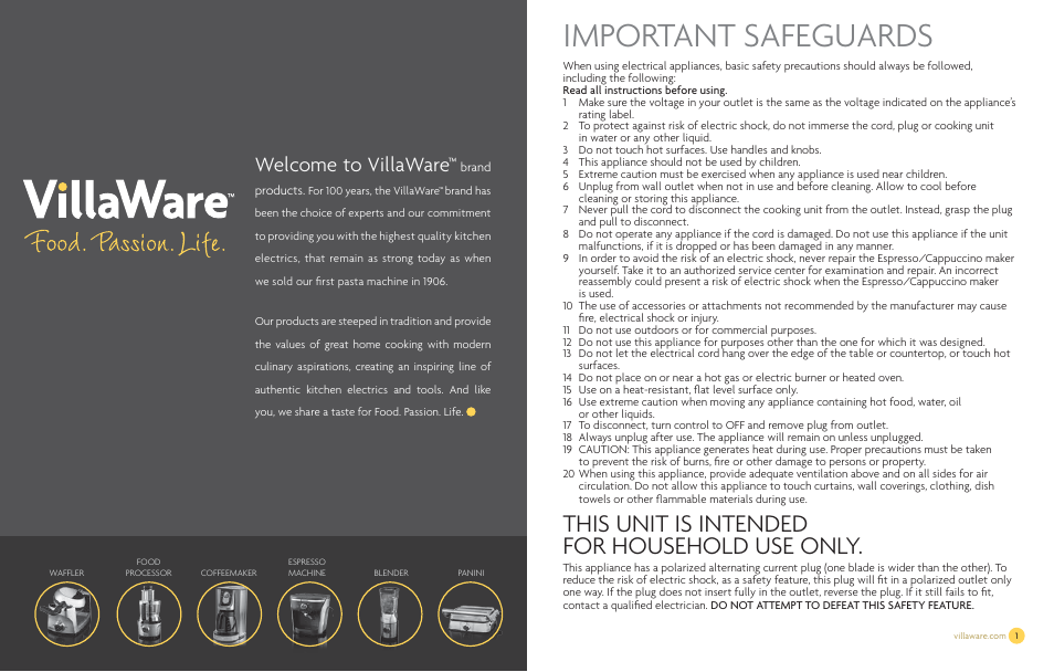 Important safeguards, This unit is intended for household use only, Welcome to villaware | Villaware NDVLEM1000 User Manual | Page 2 / 16