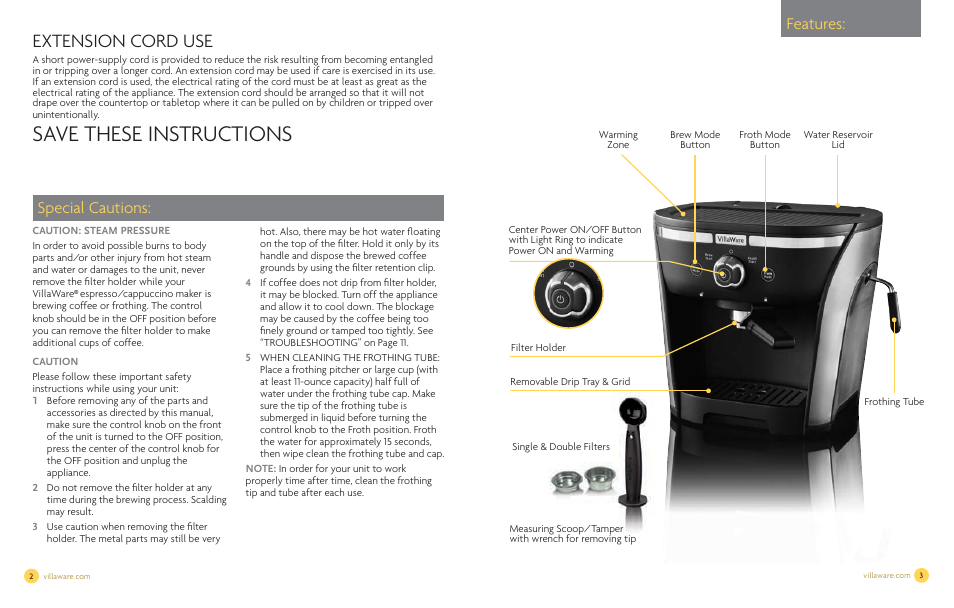 Save these instructions, Extension cord use, Features | Special cautions | Villaware NDVLEM1000 User Manual | Page 3 / 16