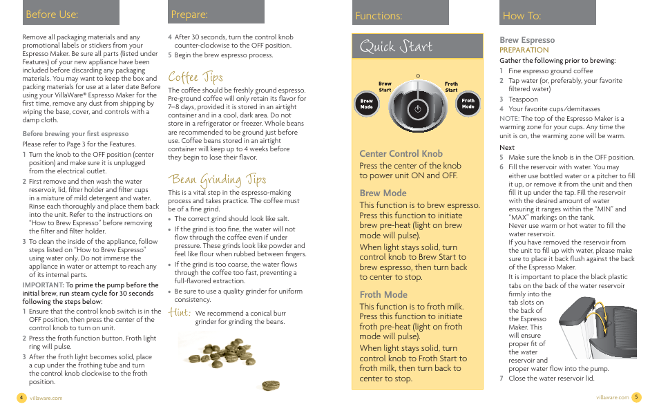 Quick start, Coffee tips, Bean grinding tips | Hint, Prepare, Before use: functions: how to, Center control knob, Brew mode, Froth mode | Villaware NDVLEM1000 User Manual | Page 4 / 16