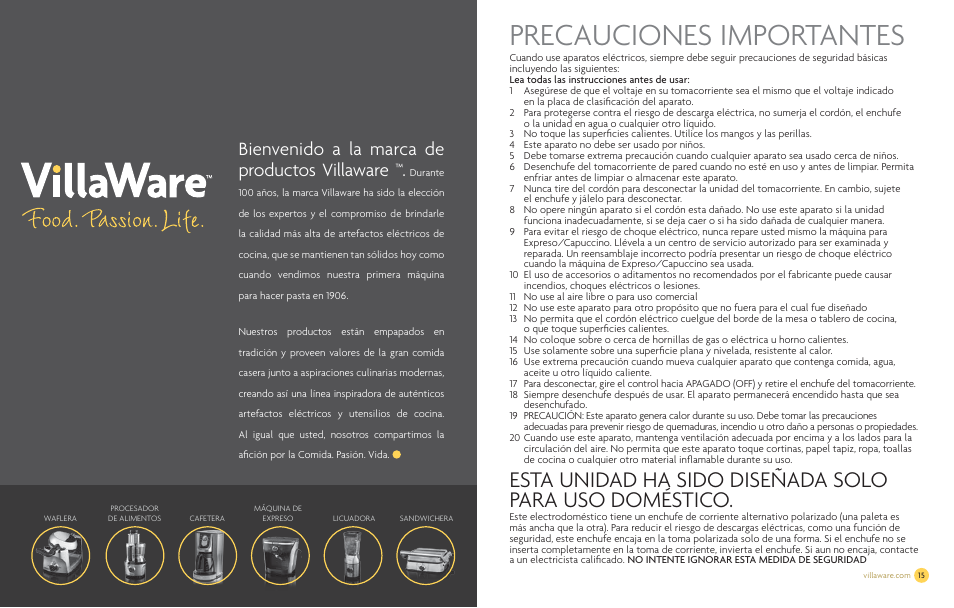 Precauciones importantes, Bienvenido a la marca de productos villaware | Villaware NDVLEM1000 User Manual | Page 9 / 16