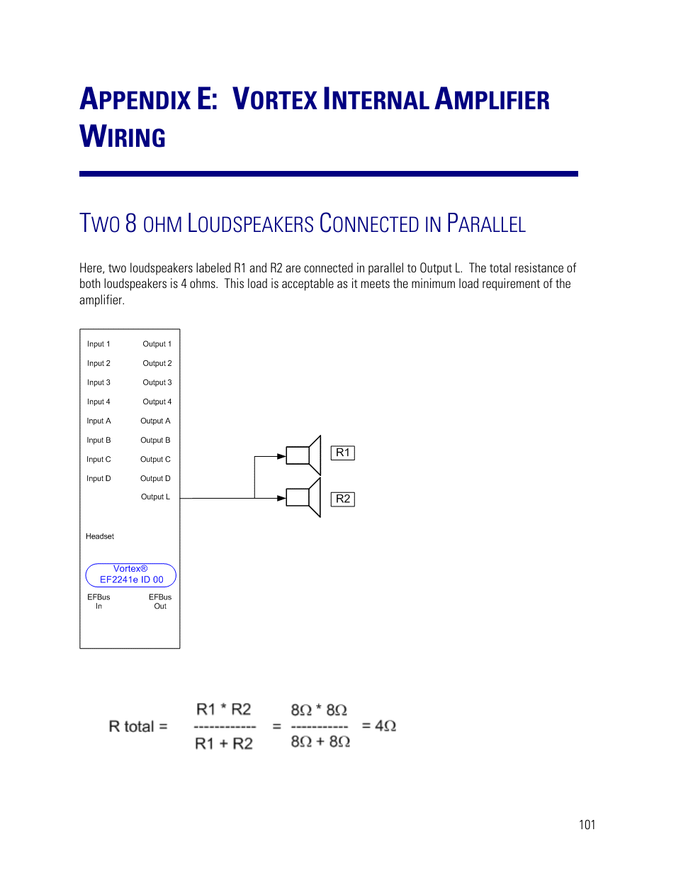 Appendix e: vortex internal amplifier wiring, Two 8 ohm loudspeakers connected in parallel, E: v | Ppendix, Ortex, Nternal, Mplifier, Iring | Vortex Media VTX 1000 User Manual | Page 101 / 103