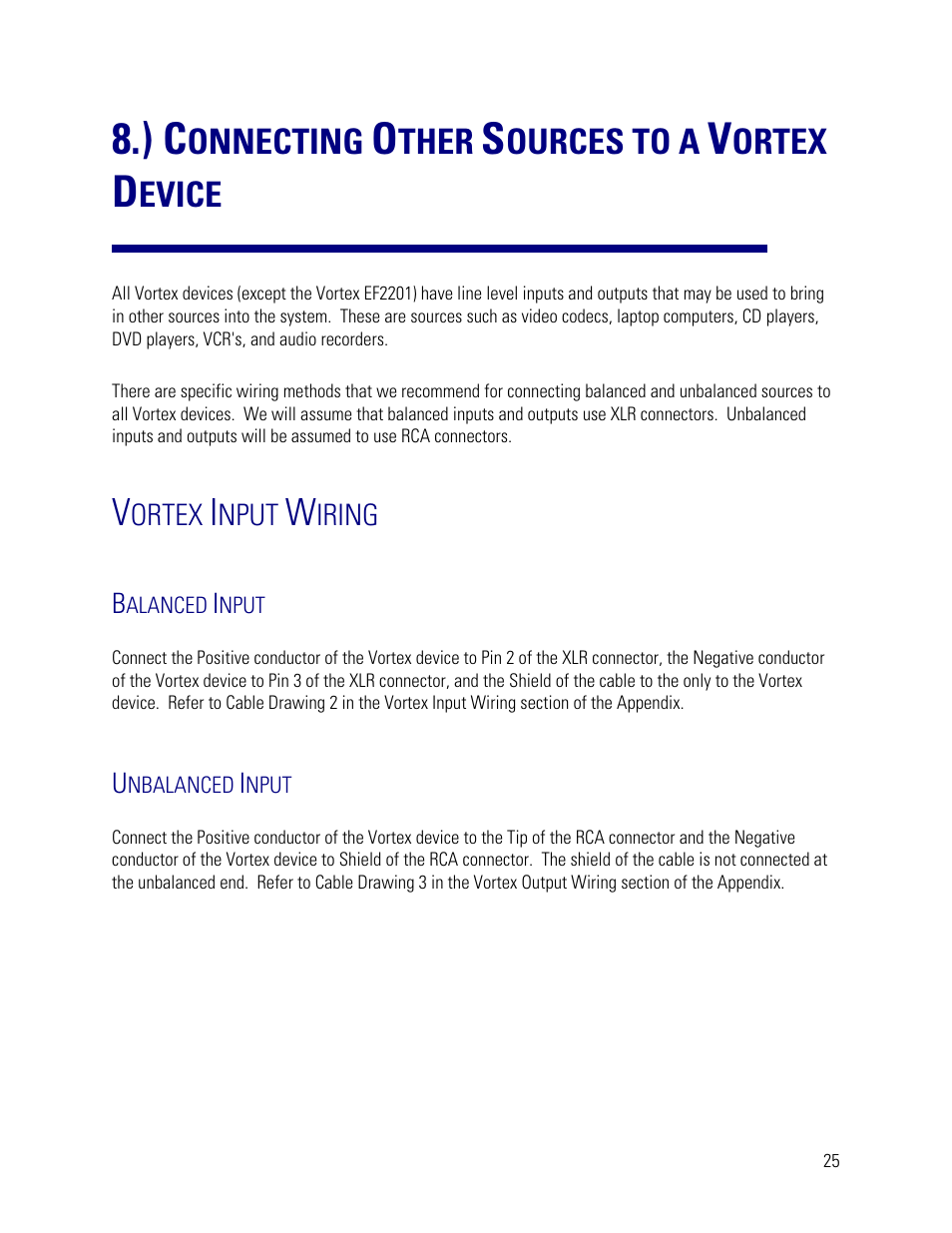 ) connecting other sources to a vortex device, Vortex input wiring, Balanced input | Unbalanced input, Onnecting, Ther, Ources to a, Ortex, Evice | Vortex Media VTX 1000 User Manual | Page 25 / 103