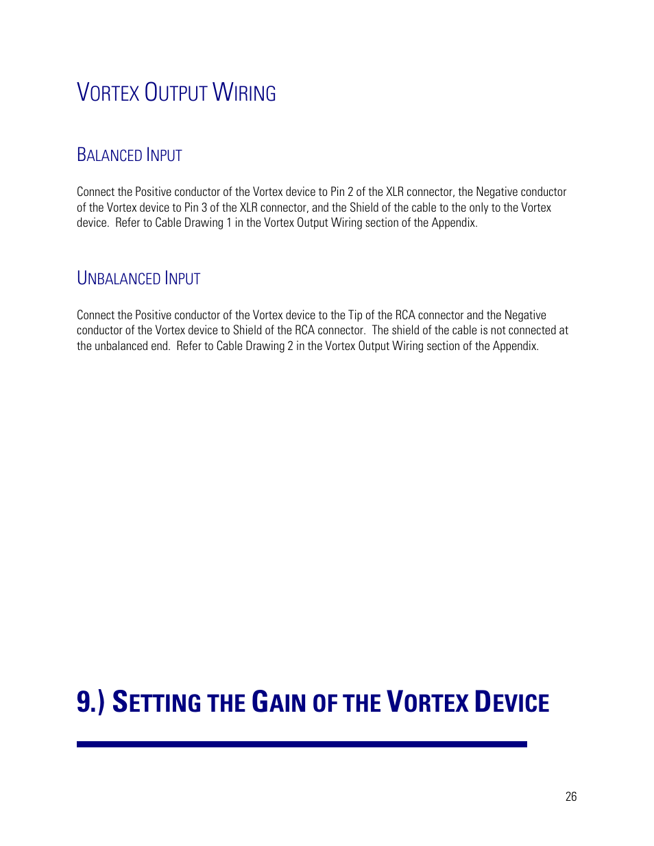 Vortex output wiring, Balanced input, Unbalanced input | ) setting the gain of the vortex device, Etting the, Ain of the, Ortex, Evice | Vortex Media VTX 1000 User Manual | Page 26 / 103