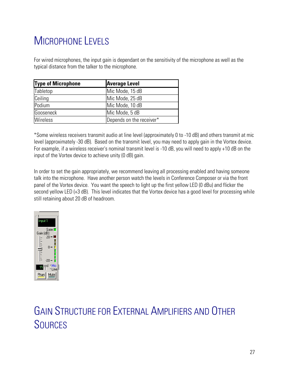 Microphone levels, Icrophone, Evels | Tructure for, Xternal, Mplifiers and, Ther, Ources | Vortex Media VTX 1000 User Manual | Page 27 / 103