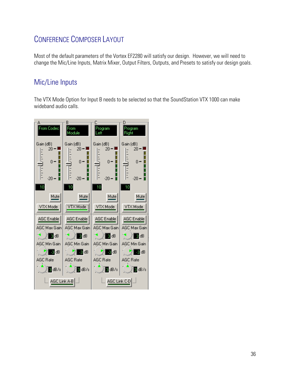 Conference composer layout, Mic/line inputs | Vortex Media VTX 1000 User Manual | Page 36 / 103