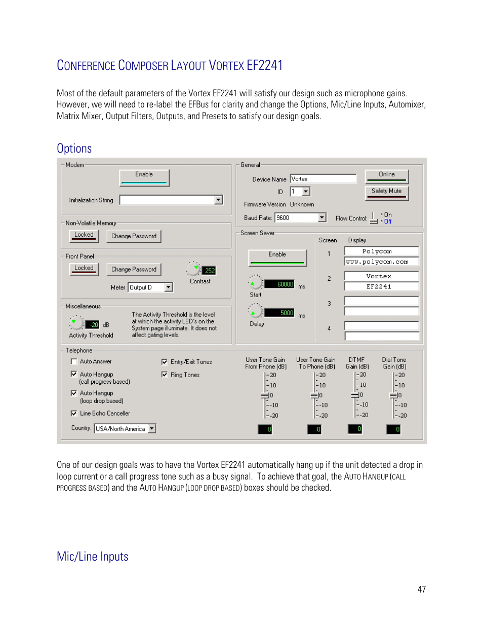 Conference composer layout vortex ef2241, Options, Mic/line inputs | Ef2241 | Vortex Media VTX 1000 User Manual | Page 47 / 103