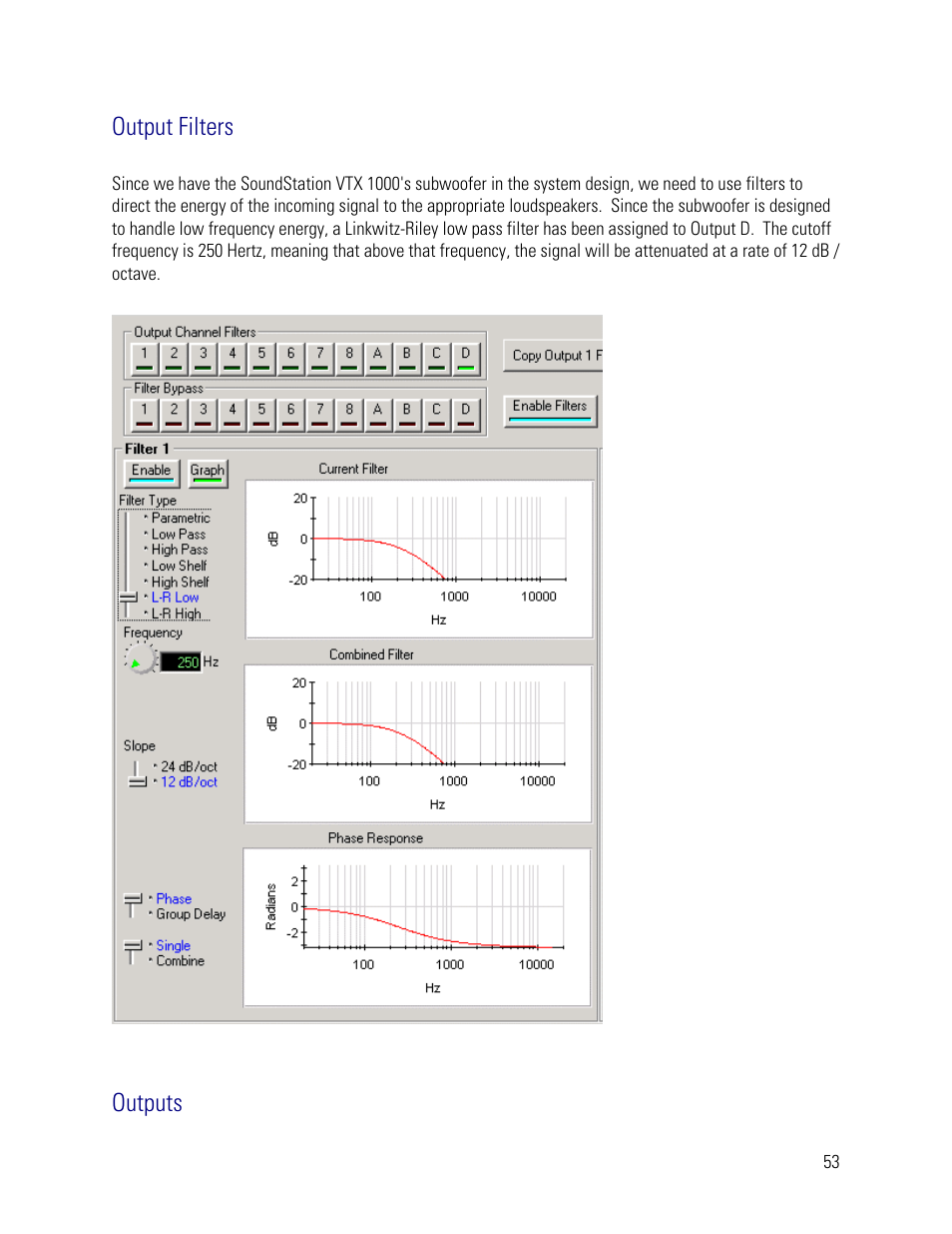 Output filters, Outputs | Vortex Media VTX 1000 User Manual | Page 53 / 103