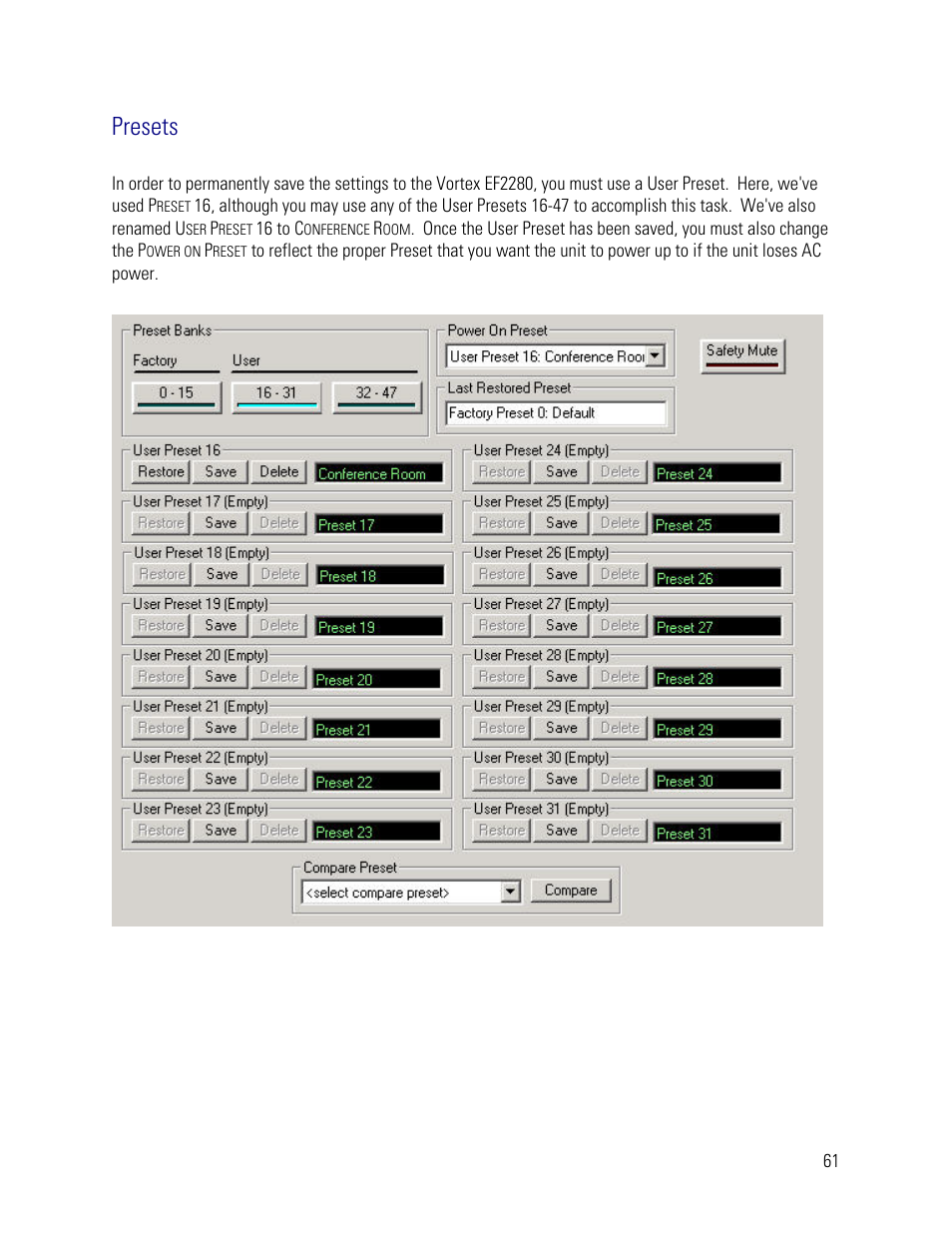 Presets | Vortex Media VTX 1000 User Manual | Page 61 / 103