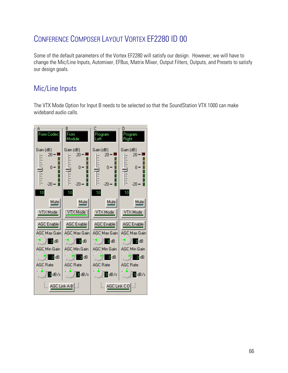 Conference composer layout vortex ef2280 id 00, Mic/line inputs | Vortex Media VTX 1000 User Manual | Page 66 / 103